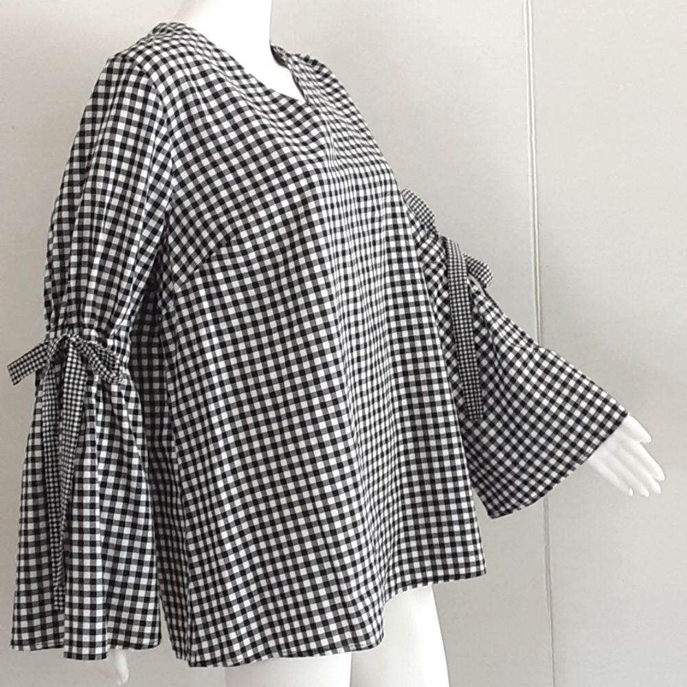 PLUS SZ XL  AVA & VIV Black White Gingham V-Neck Bow Flutter Long Sleeve Blouse